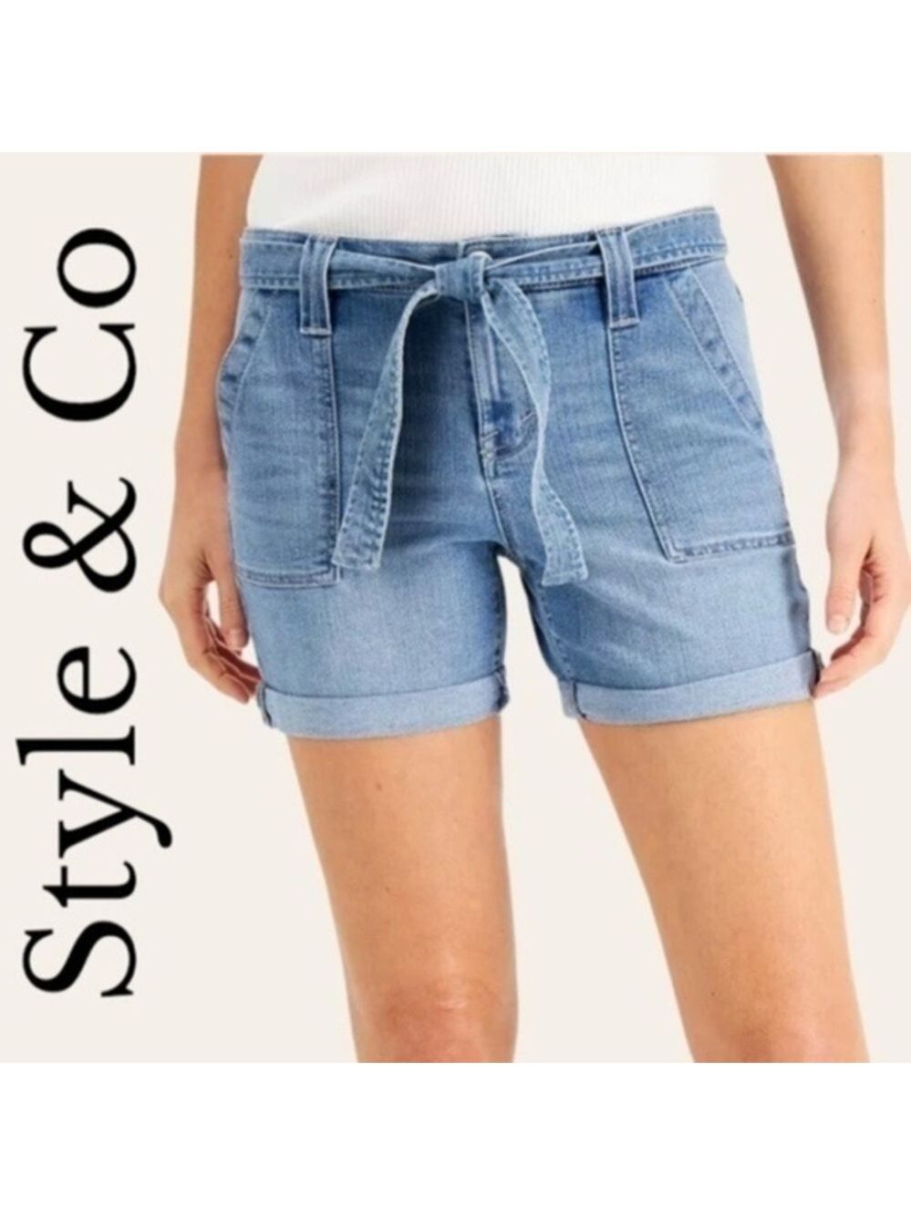 STYLE & CO Women's Rolled Hem Utility Jean Shorts w/Tie Belt NWT/Size 12